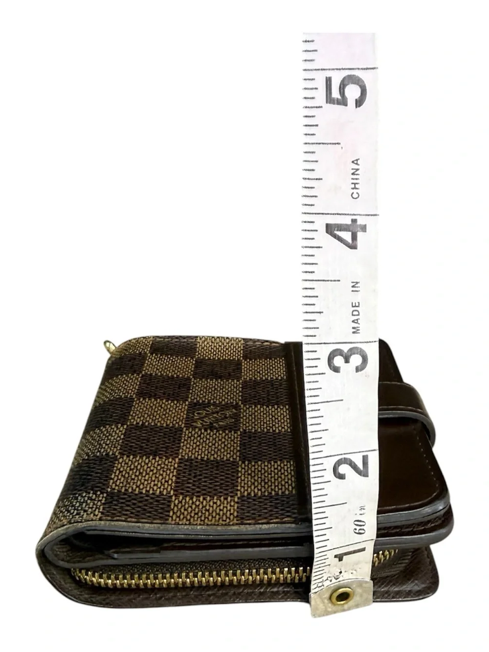 Louis Vuitton Damier Ebene Compact Wallet Brown Leather Snap Zipper Box Dust Bag